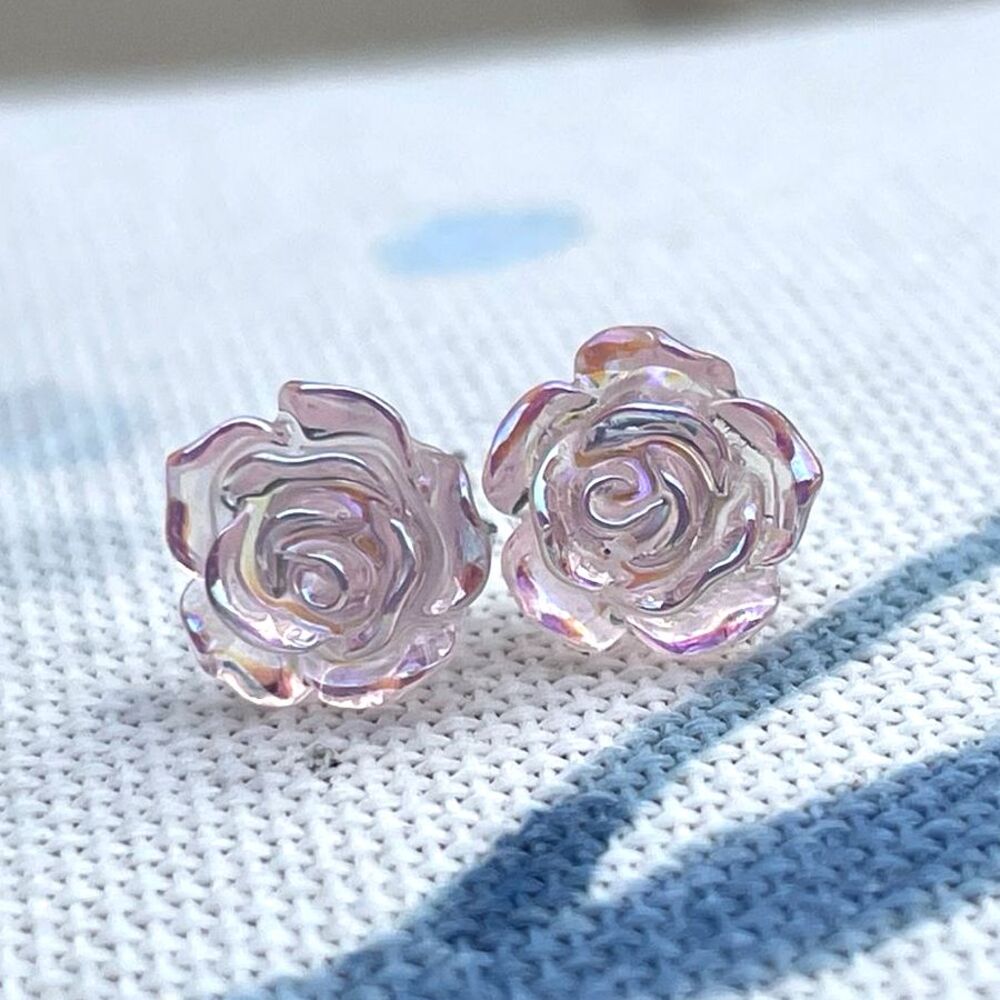 Dainty pink rose translucent stud earrings new silver gift flower women girl